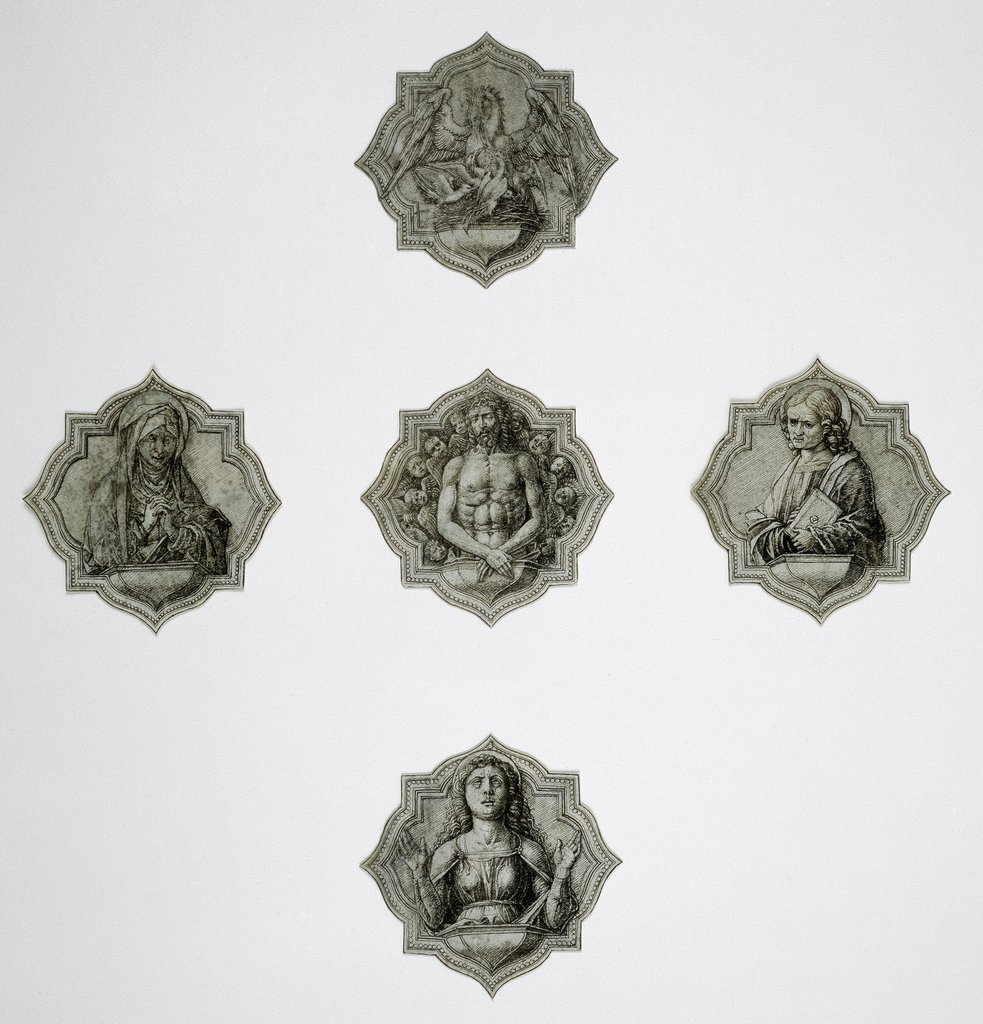 Fünf Vierpaßzeichnungen mit Christus als Schmerzensmann, Maria, Johannes, Maria Magdalena und einem Pelikan