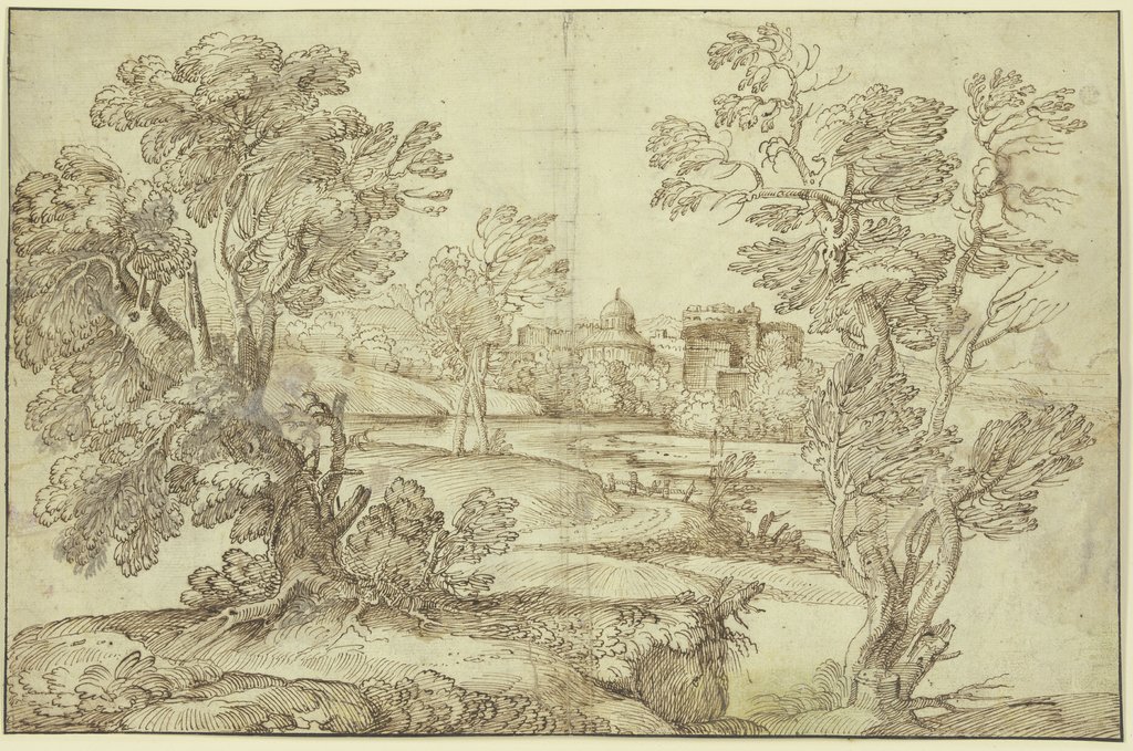 Landschaft mit Wasser, Baumgruppen und Gebäuden