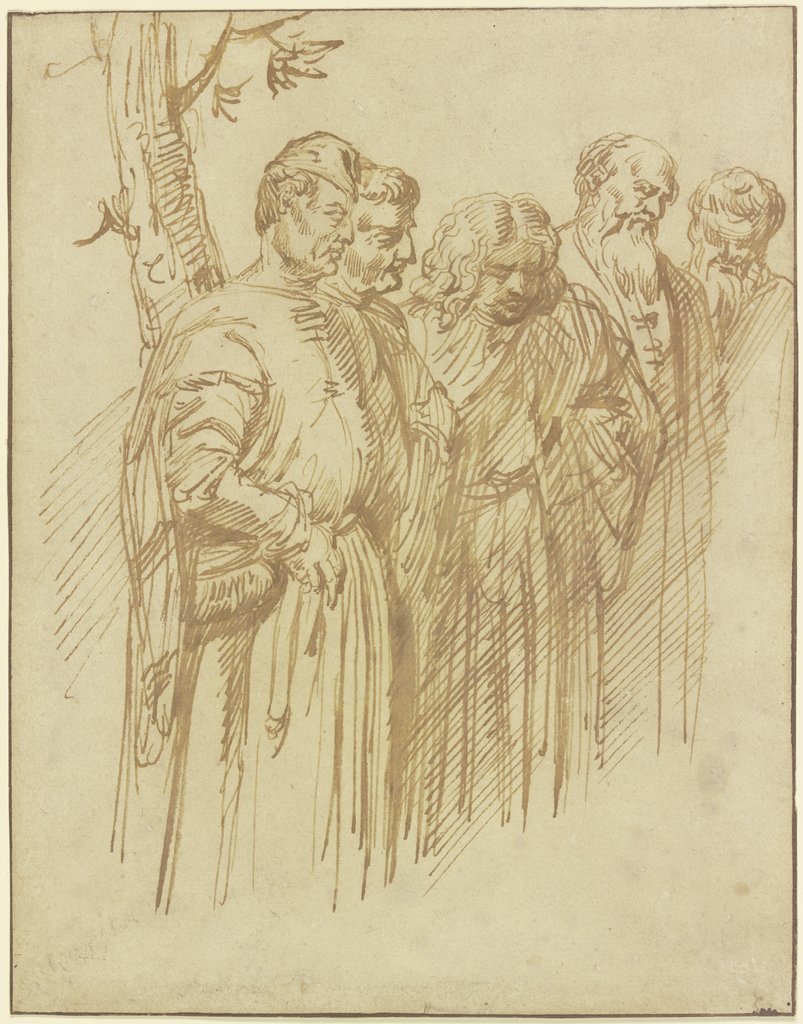 Gruppe von fünf stehenden Männern aus dem Fresko mit dem Wunder vom angefügten Fuß in der Scuola del Santo, S. Antonio, Padua