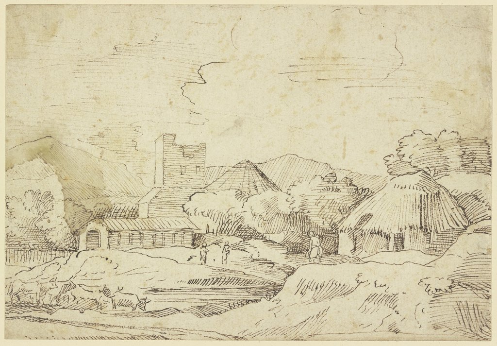 Landschaft mit Getreidefeldern und weidenden Kühen vor einem Dorf
