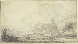 Rembrandt Harmensz. van Rijn ?, Fantasielandschaft mit hohem Felsengebirge, 1642