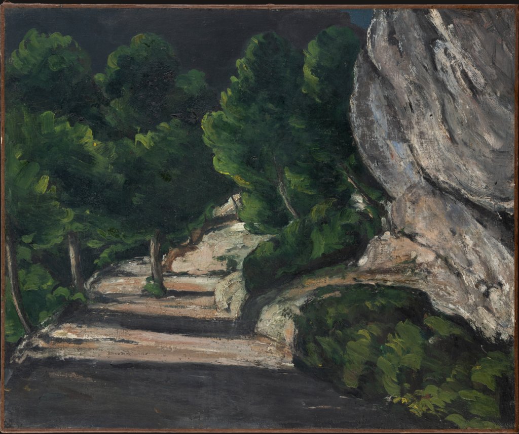 Landschaft. Straße mit Bäumen im Felsgebirge