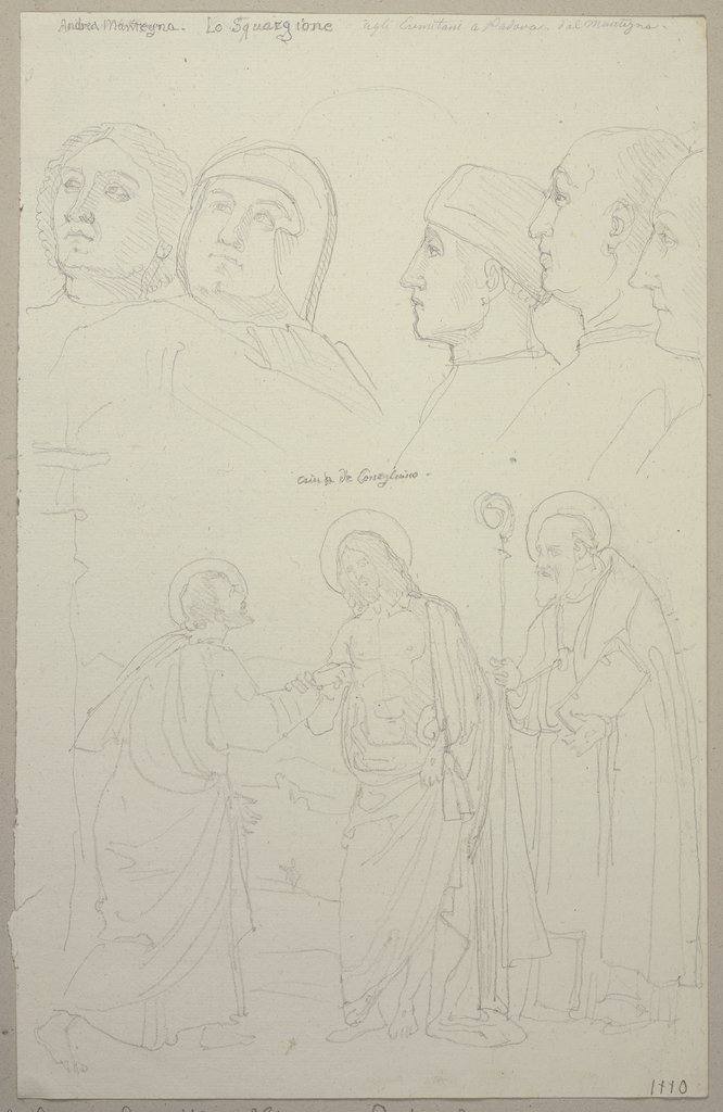 Jesus Christus mit dem Heiligen Thomas und einem heiligen Bischof, oben fünf männliche Köpfe, nach einem Fresko von Andrea Mantegna in der Chiesa degli Eremitani in Padua