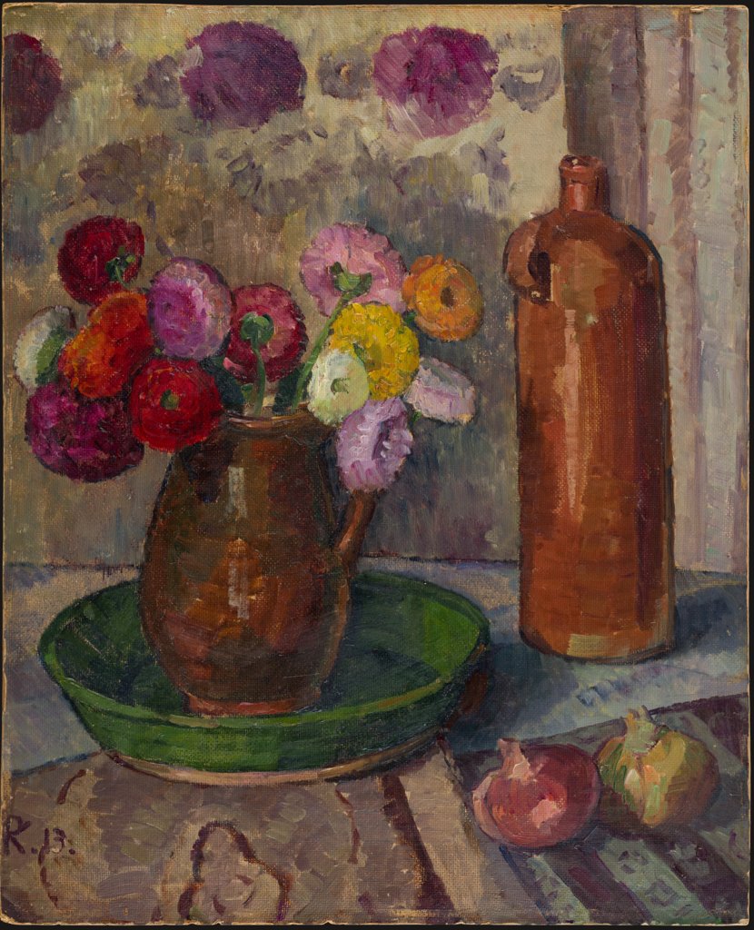 Stillleben mit bunten Blumen, Zwiebeln und Steinkrug