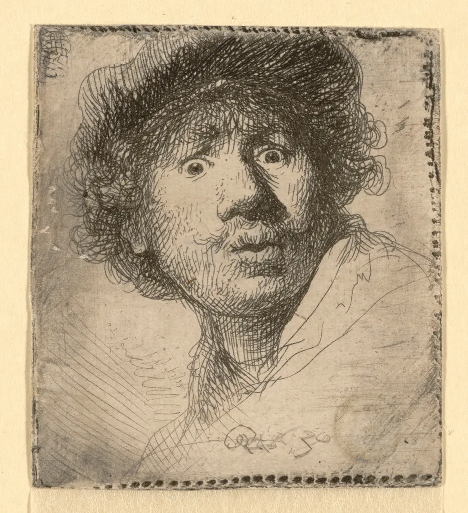 Selbstbildnis mit Mütze, aufgerissenen Augen und geöffneten Mund