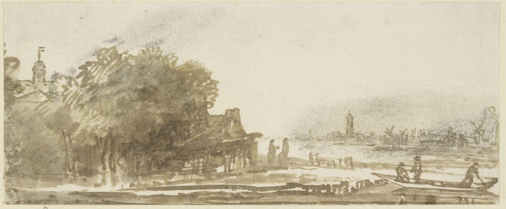 Landschaft, links Bäume und Gebüsch, rechts ein Boot mit drei Männern, in der Ferne eine Stadt mit einer Windmühle