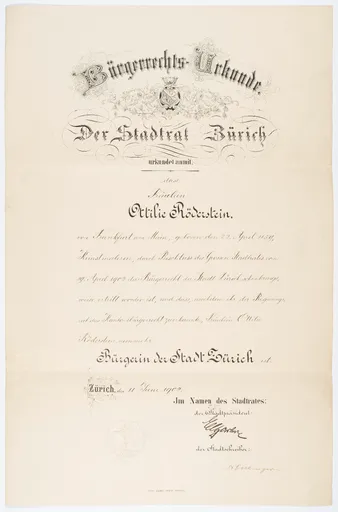 Bürgerrechts-Urkunde der Stadt Zürich, ausgestellt auf Ottilie W. Roederstein, 11. Juni 1902