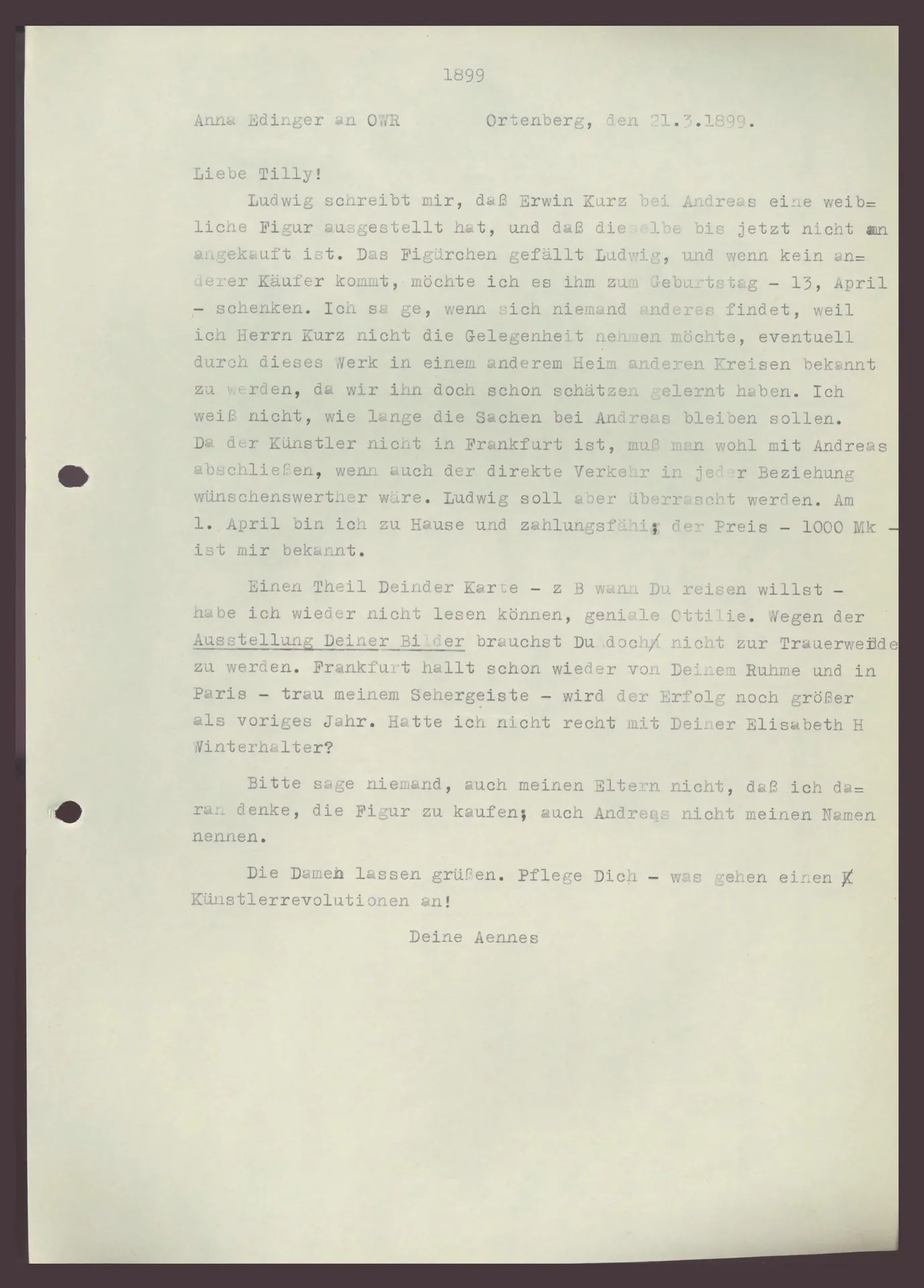 Brief (Transkript) von Anna Edinger an Ottilie W. Roederstein, 21. März 1899