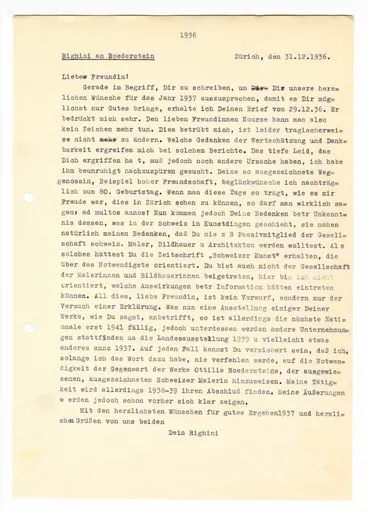 Brief (Transkript) von Sigismund Righini an Ottilie W. Roederstein, 31. Dezember 1936