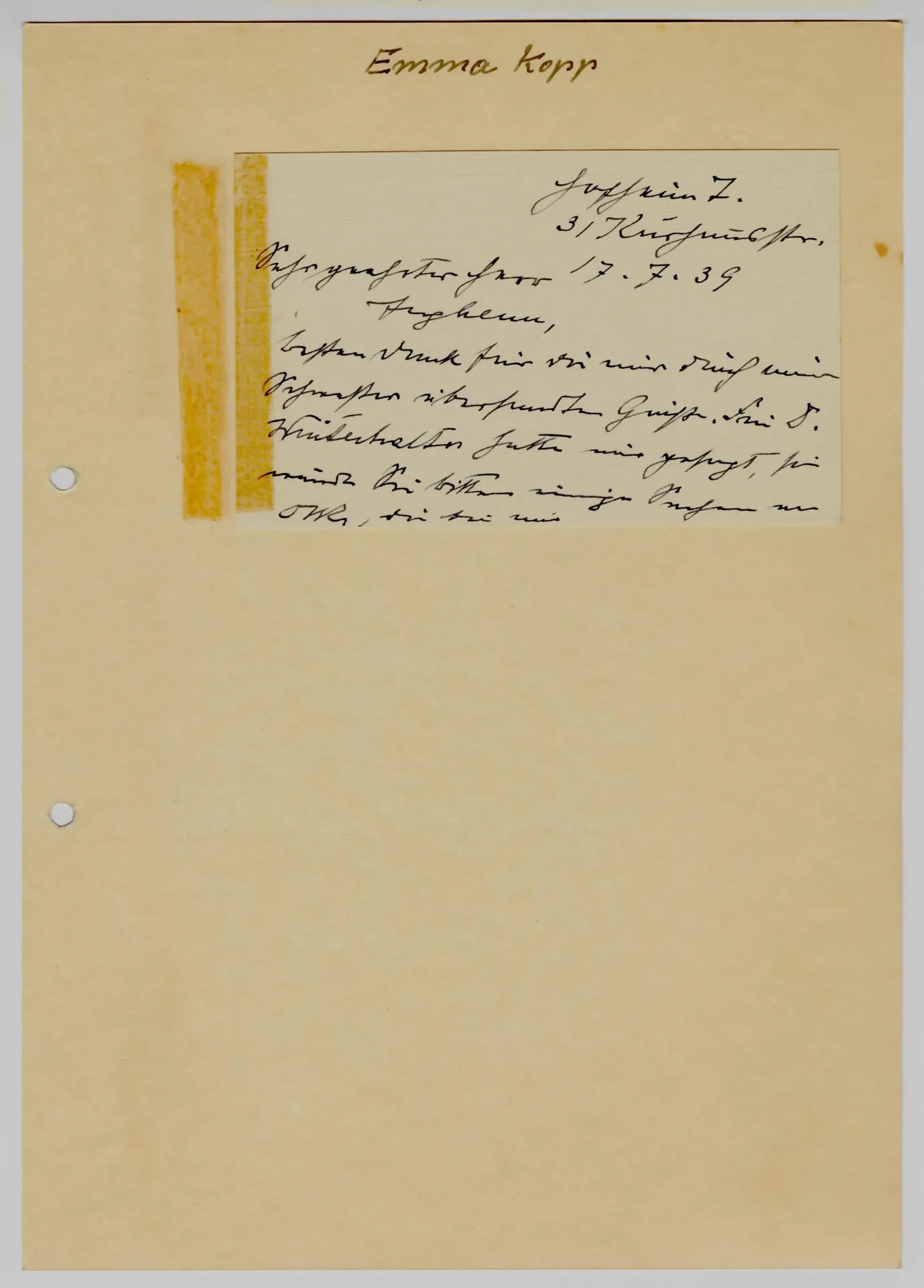 Brief von Emma Kopp an Hermann Jughenn, 17. Juli 1939