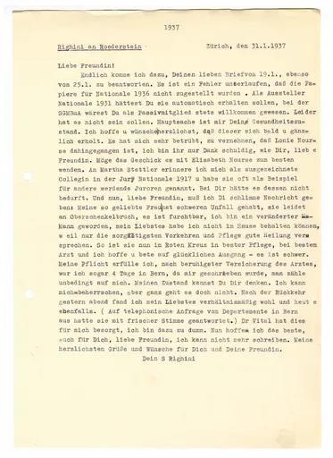 Brief (Transkript) von Sigismund Righini an Ottilie W. Roederstein, 31. Januar 1937