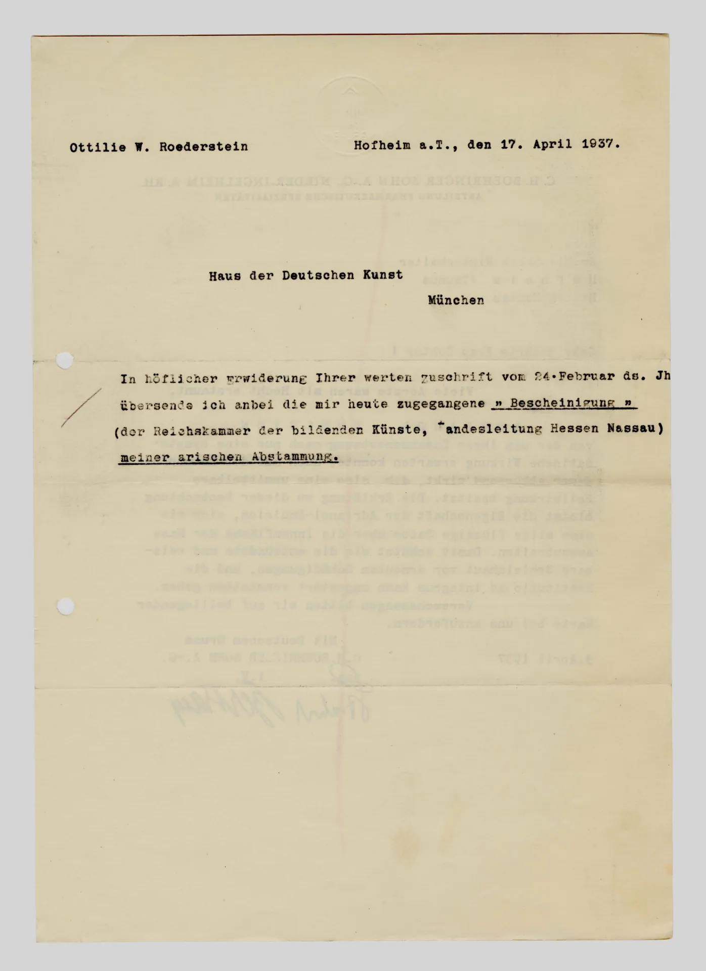 Brief von Ottilie W. Roederstein an das Haus der Deutschen Kunst, 17. April 1937