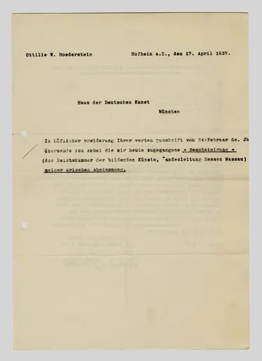 Brief von Ottilie W. Roederstein an das Haus der Deutschen Kunst, 17. April 1937