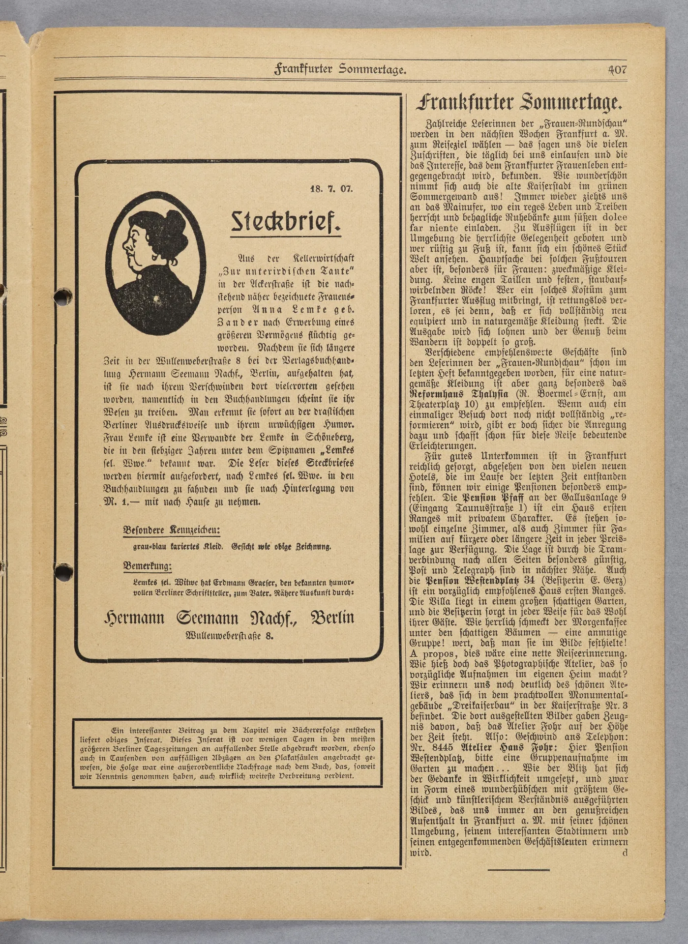 Elisabeth Mentzel und Julia Virginia Laengsdorff, Frankfurt a. M. und seine Frauen, in: Frauen-Rundschau, Jahrgang 8, Heft 14 [1907]