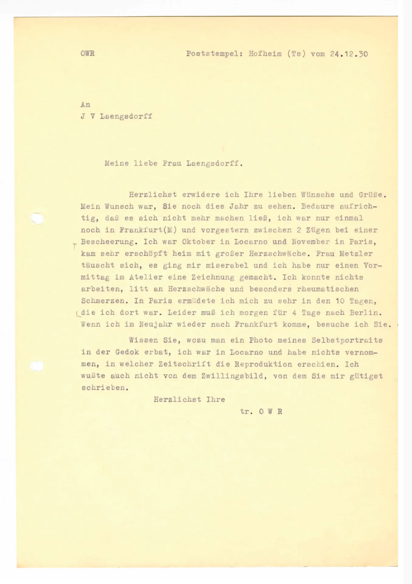 Brief (Transkript) von Ottilie W. Roederstein an Julia Virginia Laengsdorff, 24. Dezember 1930