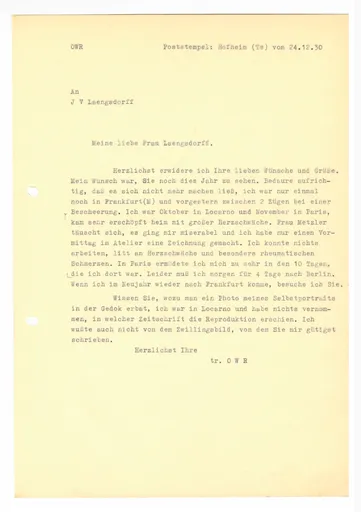 Brief (Transkript) von Ottilie W. Roederstein an Julia Virginia Laengsdorff, 24. Dezember 1930