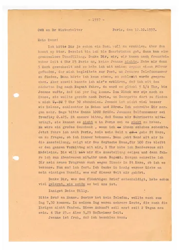 Brief (Transkript) von Ottilie W. Roederstein an Elisabeth H. Winterhalter, 12. Oktober 1937
