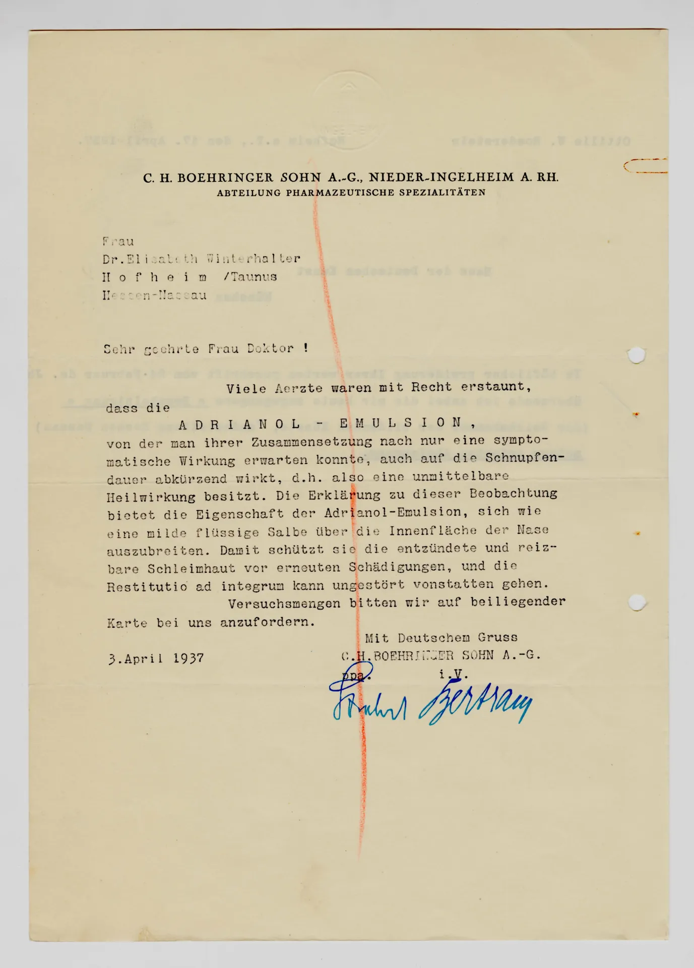 Brief von Ottilie W. Roederstein an das Haus der Deutschen Kunst, 17. April 1937