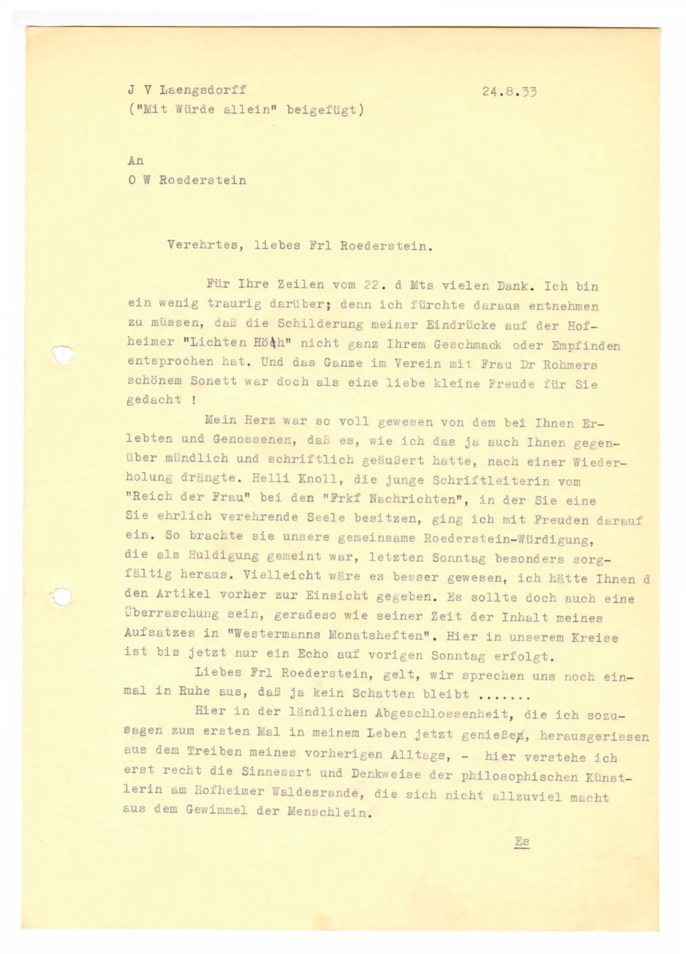 Brief (Transkript) von Julia Virginia Laengsdorff an Ottilie W. Roederstein, 24. August 1933