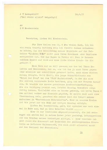 Brief (Transkript) von Julia Virginia Laengsdorff an Ottilie W. Roederstein, 24. August 1933