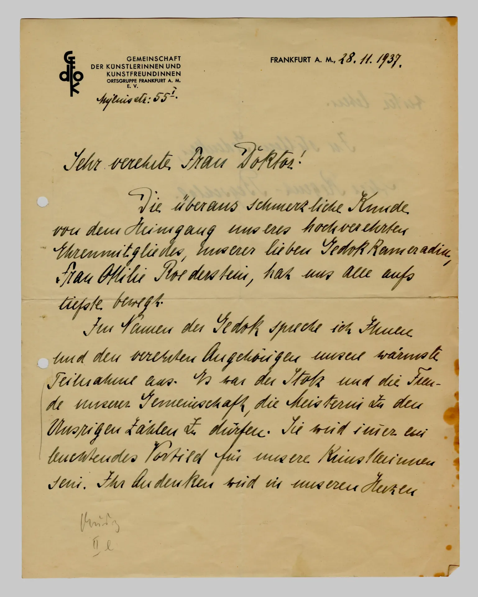 Brief von Alice Regent-Beyschlag, GEDOK Frankfurt, an Elisabeth H. Winterhalter, 28. November 1937