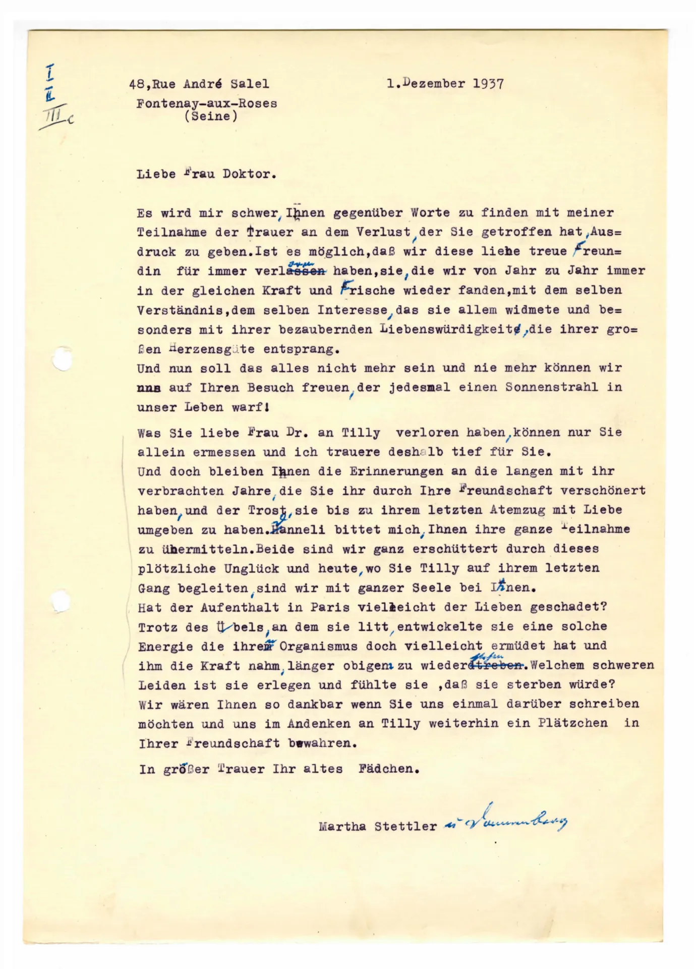 Brief (Transkript) von Martha Stettler an Elisabeth H. Winterhalter, 1. Dezember 1937