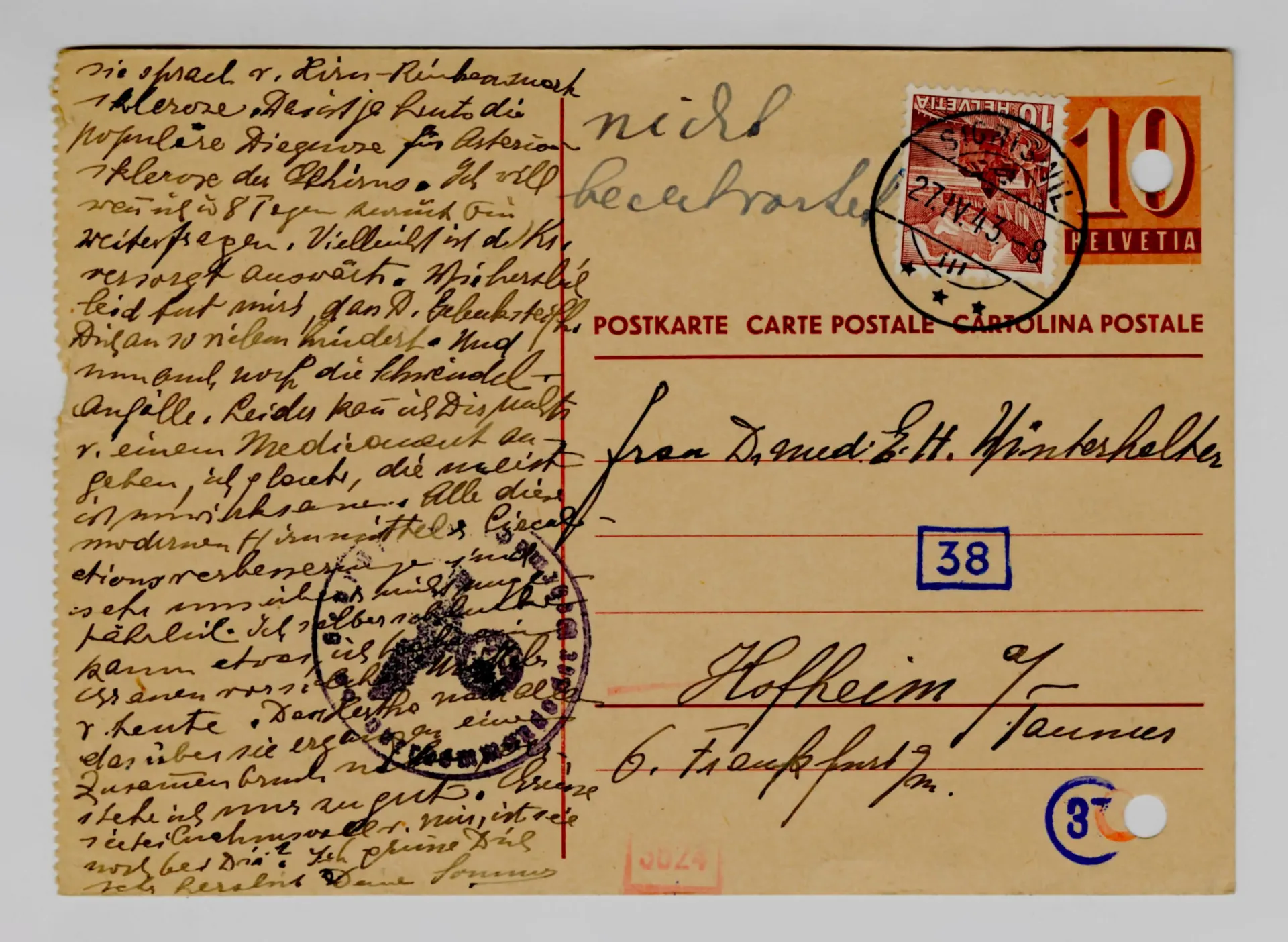 Postkarte von Martha Sommer an Elisabeth H. Winterhalter, 27. April 1943