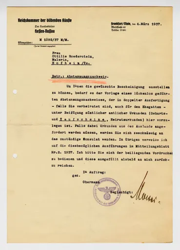 Brief der Reichskammer der bildenden Künste Hessen-Nassau an Ottilie W. Roederstein, 4. März 1937