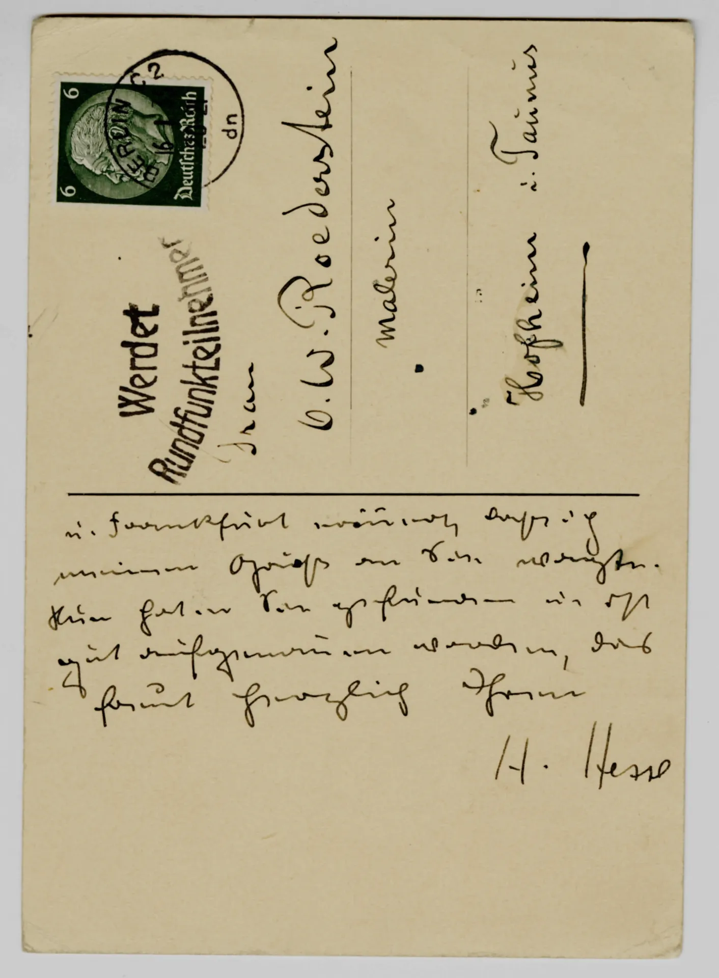 Postkarte von Hermann Hesse an Ottilie W. Roederstein, 16. Januar 1935