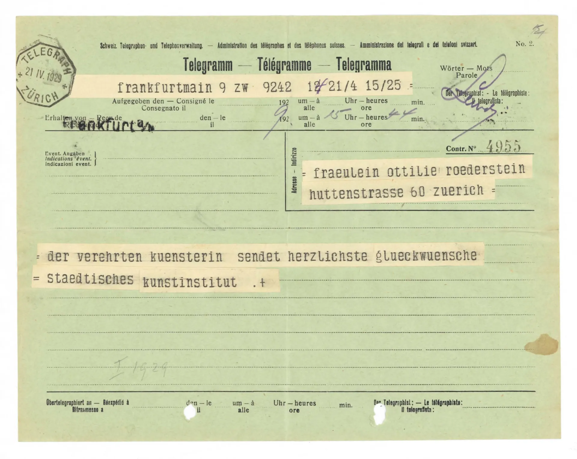 Telegramm des Städelschen Kunstinstituts an Ottilie W. Roederstein, 21. April 1929