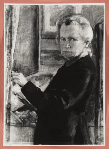 Ottilie W. Roederstein, Selbstbildnis vor der Staffelei, unvollendetes Gemälde, um 1917