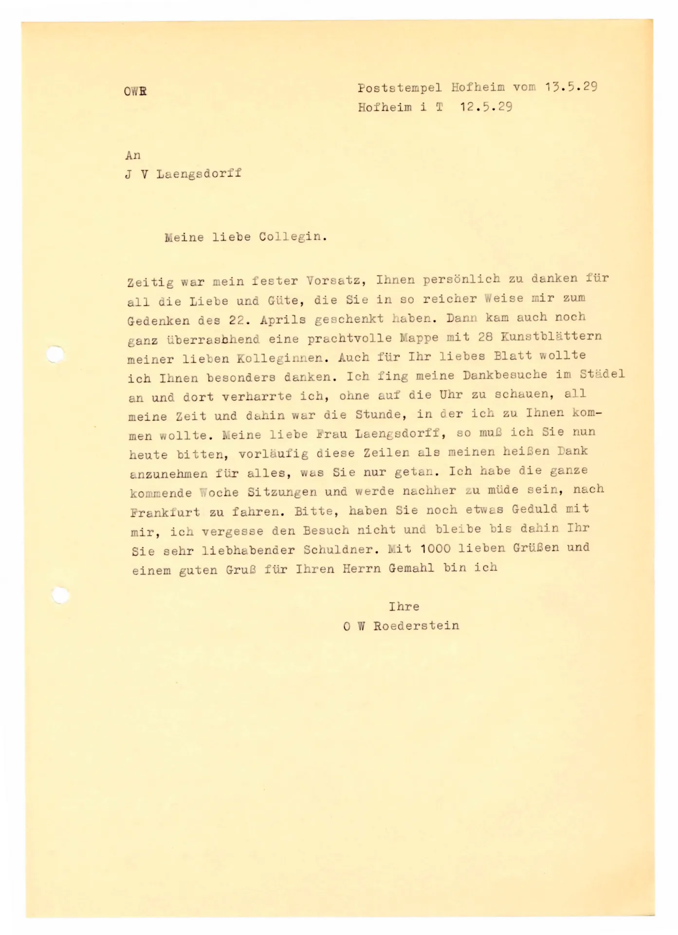 Brief (Transkript) von Ottilie W. Roederstein an Julia Virginia Laengsdorff, 12. Mai 1929