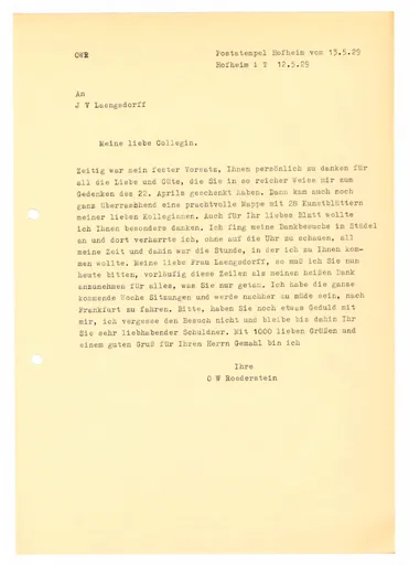 Brief (Transkript) von Ottilie W. Roederstein an Julia Virginia Laengsdorff, 12. Mai 1929