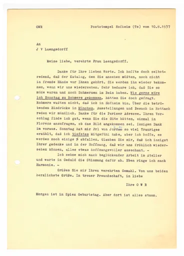 Brief (Transkript) von Ottilie W. Roederstein an Julia Virginia Laengsdorff, 10. August 1937