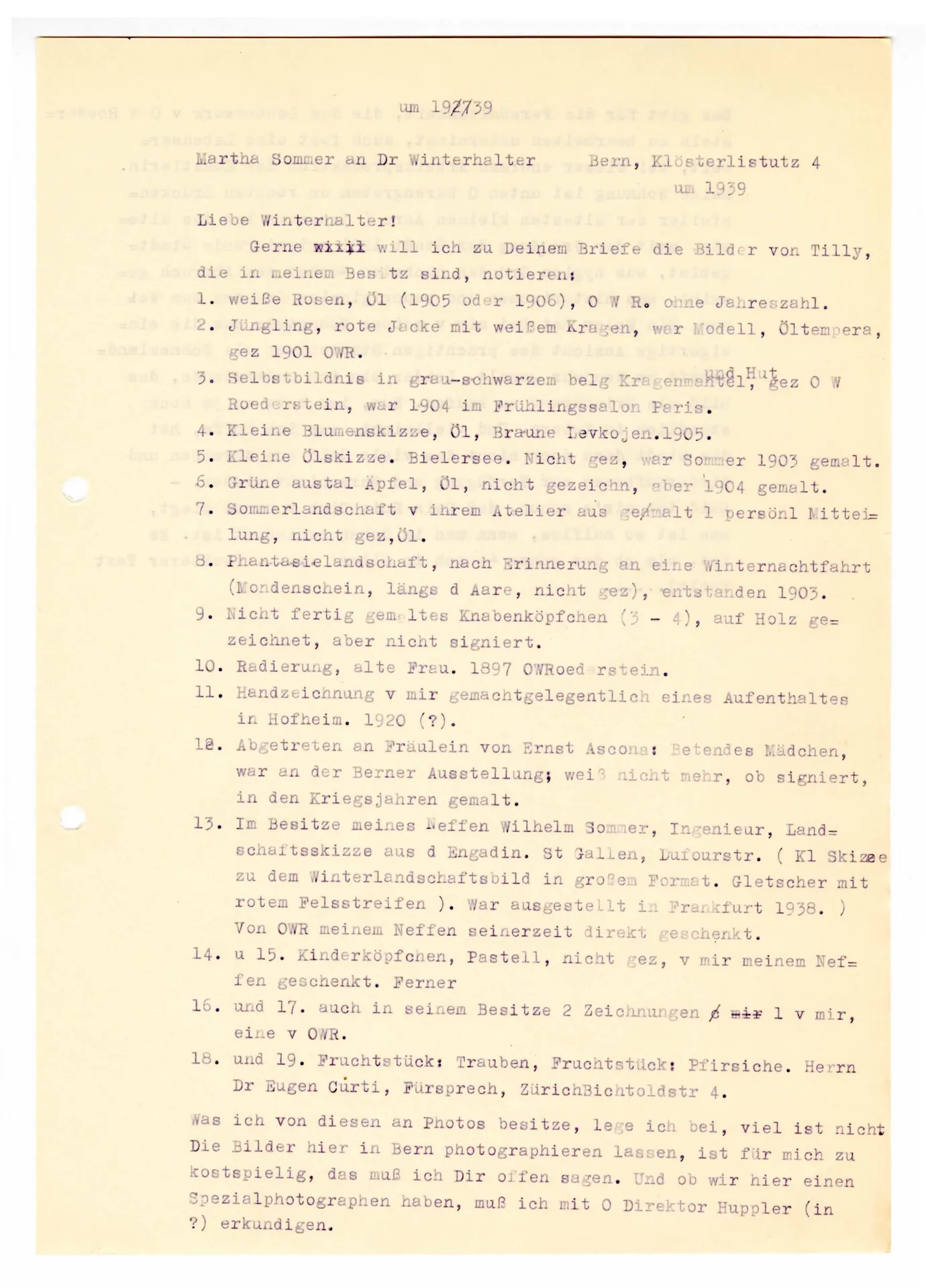 Brief (Transkript) von Martha Sommer an Elisabeth H. Winterhalter, um 1939