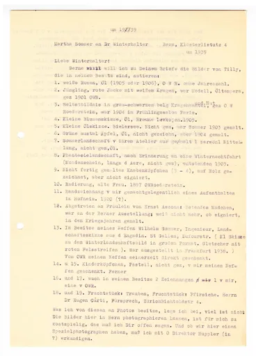 Brief (Transkript) von Martha Sommer an Elisabeth H. Winterhalter, um 1939