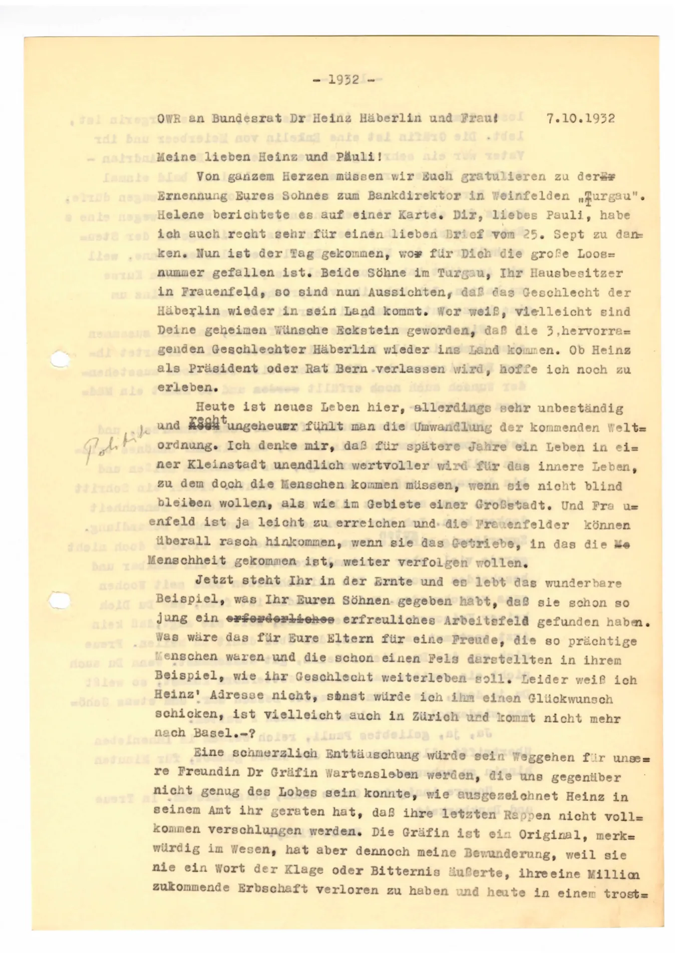 Brief (Transkript) von Ottilie W. Roederstein an Heinrich und Paula Häberlin, 7. Oktober 1932