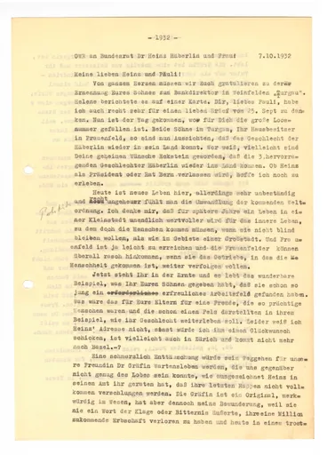 Brief (Transkript) von Ottilie W. Roederstein an Heinrich und Paula Häberlin, 7. Oktober 1932