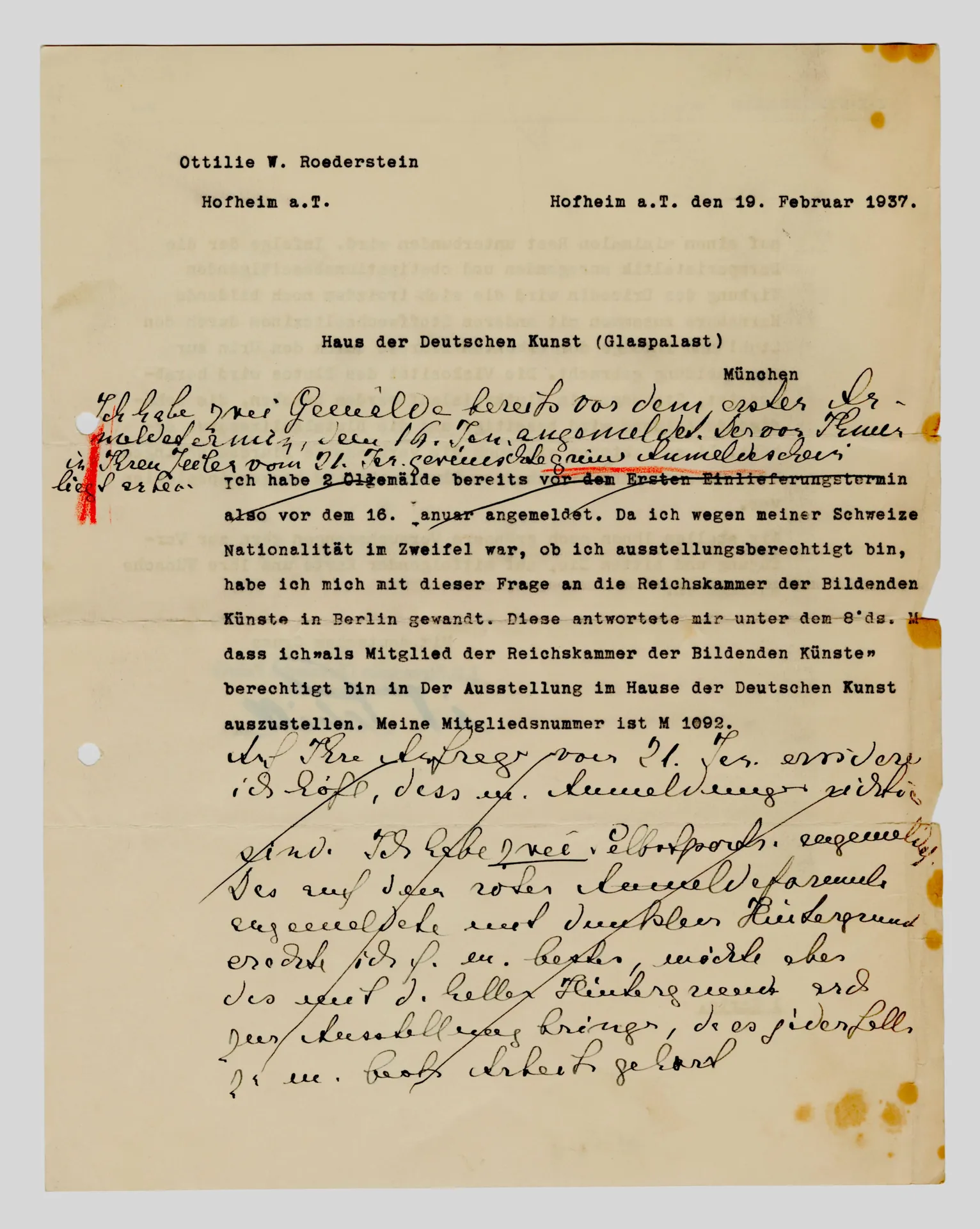 Briefentwurf von Ottilie W. Roederstein an das Haus der Deutschen Kunst, 19. Februar 1937