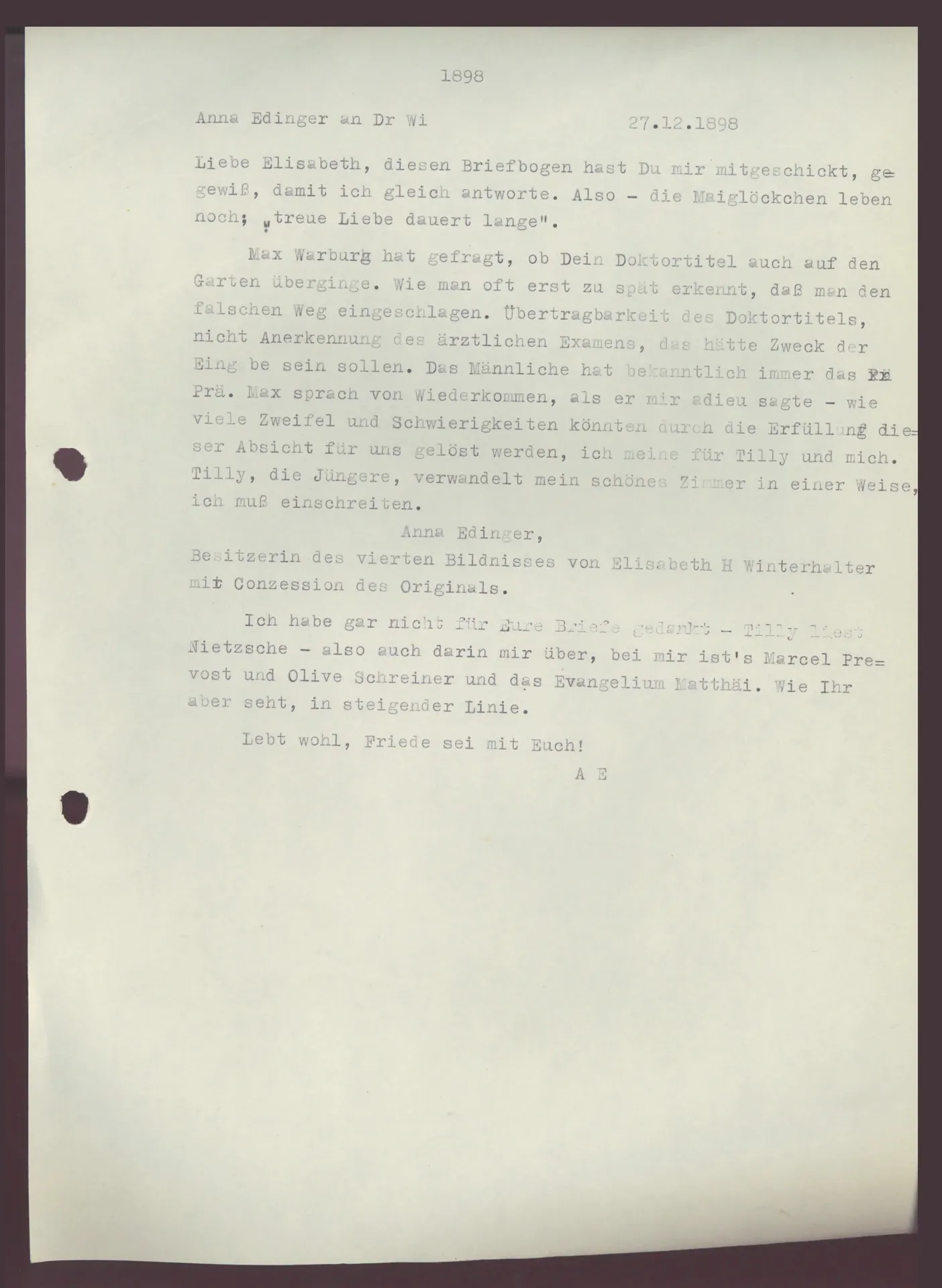 Brief (Transkript) von Anna Edinger an Elisabeth H. Winterhalter, 27. Dezember 1898