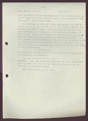 Brief (Transkript) von Anna Edinger an Elisabeth H. Winterhalter, 27. Dezember 1898