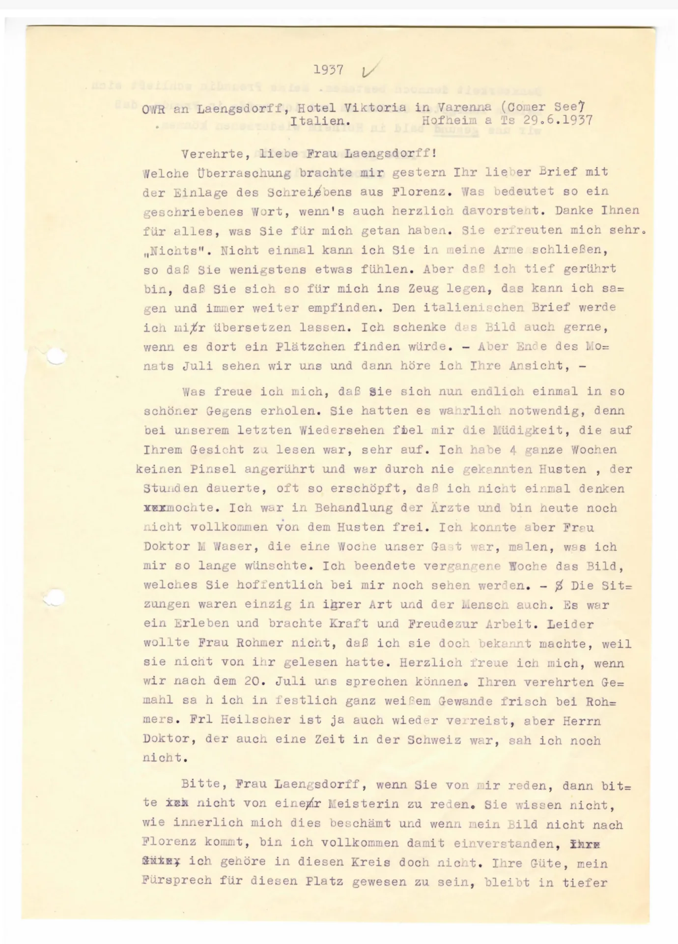 Brief (Transkript) von Ottilie W. Roederstein an Julia Virginia Laengsdorff, 29. Juni 1937