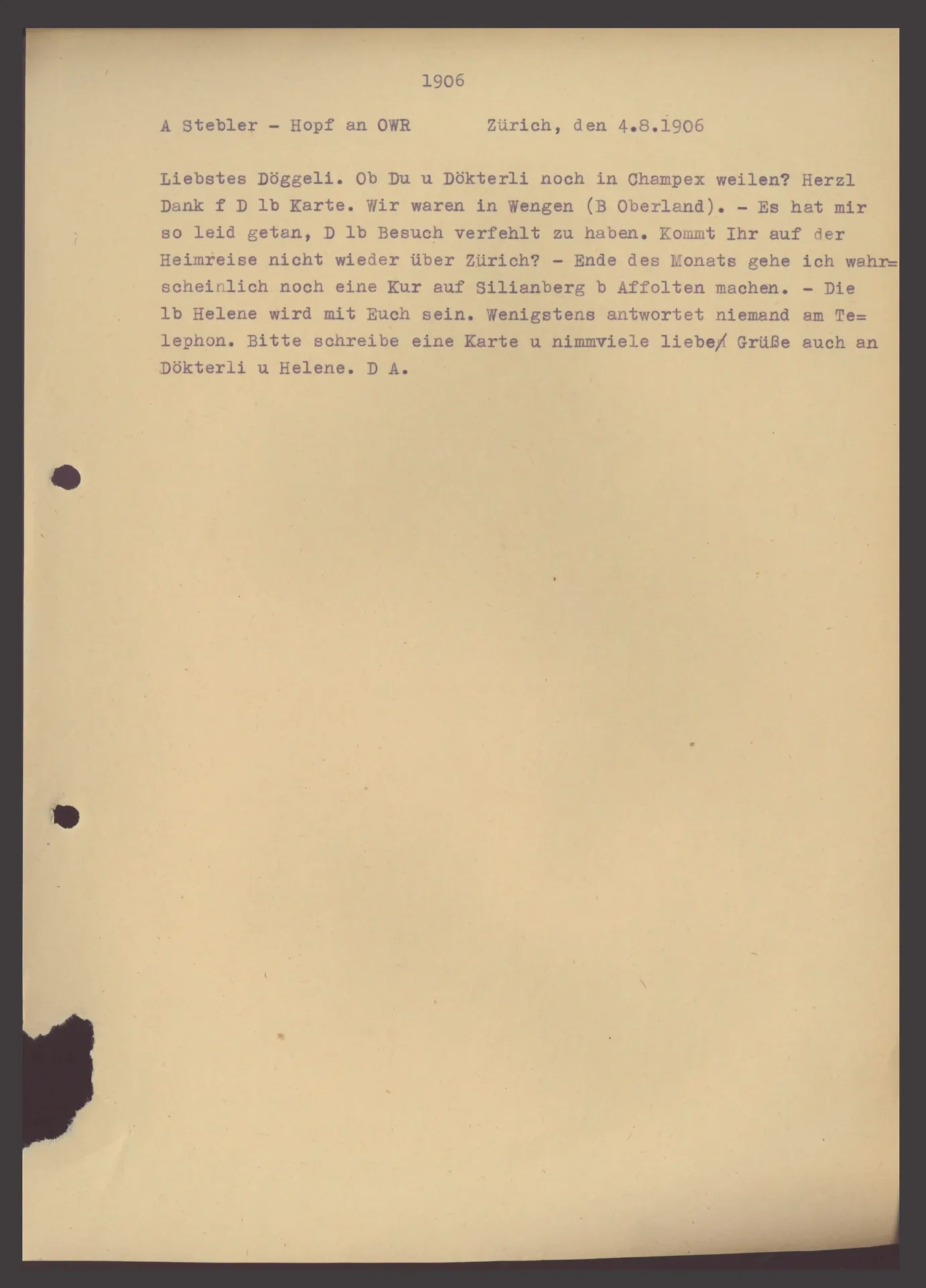 Postkarte (Transkript) von Anny Stebler-Hopf an Ottilie W. Roederstein, 4. August 1906