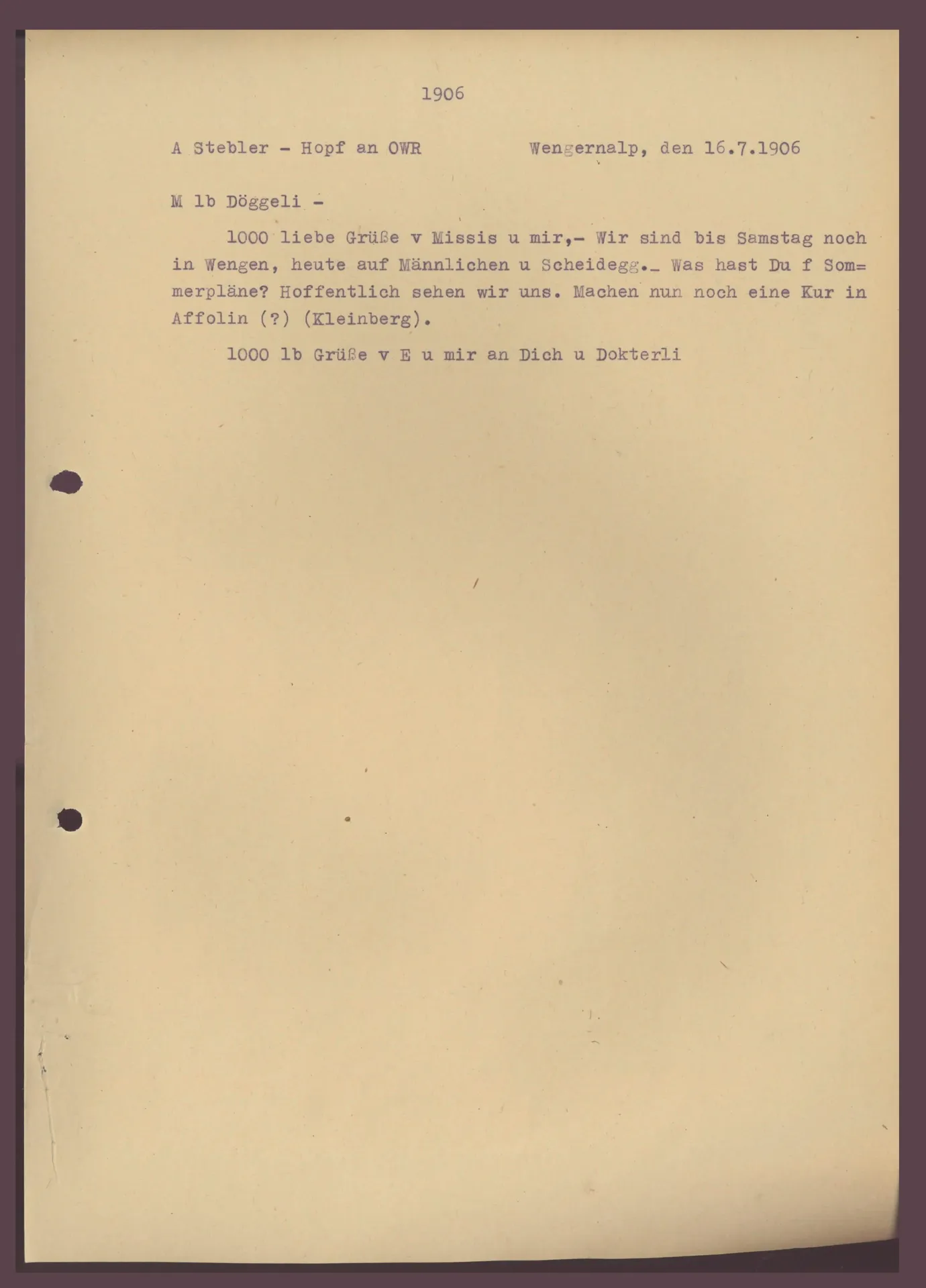 Postkarte (Transkript) von Anny Stebler-Hopf an Ottilie W. Roederstein, 16. Juli 1906