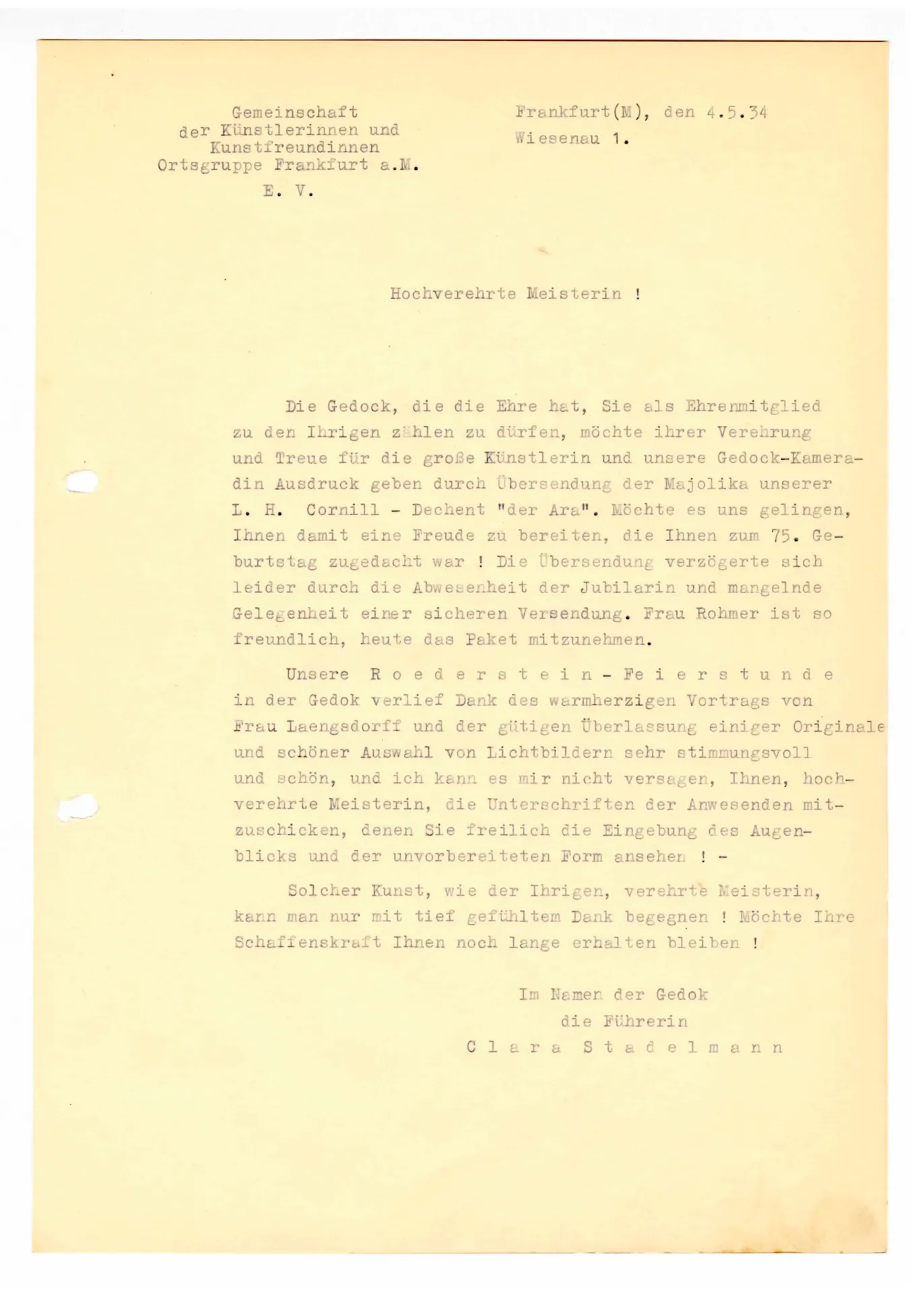 Brief (Transkript) von Clara Stadelmann, Führerin der GEDOK Frankfurt, an Ottilie W. Roederstein, 4. Mai 1934