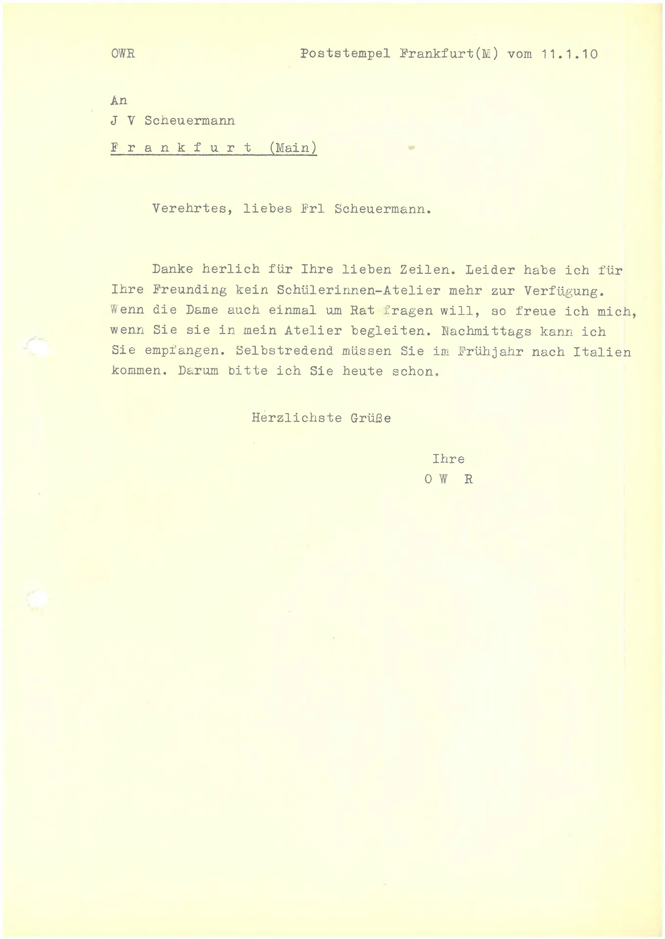 Brief (Transkript) von Ottilie W. Roederstein an Julia Virginia Scheuermann, 11. Januar 1910