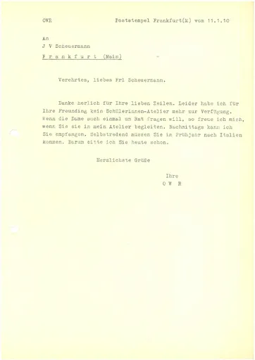 Brief (Transkript) von Ottilie W. Roederstein an Julia Virginia Scheuermann, 11. Januar 1910
