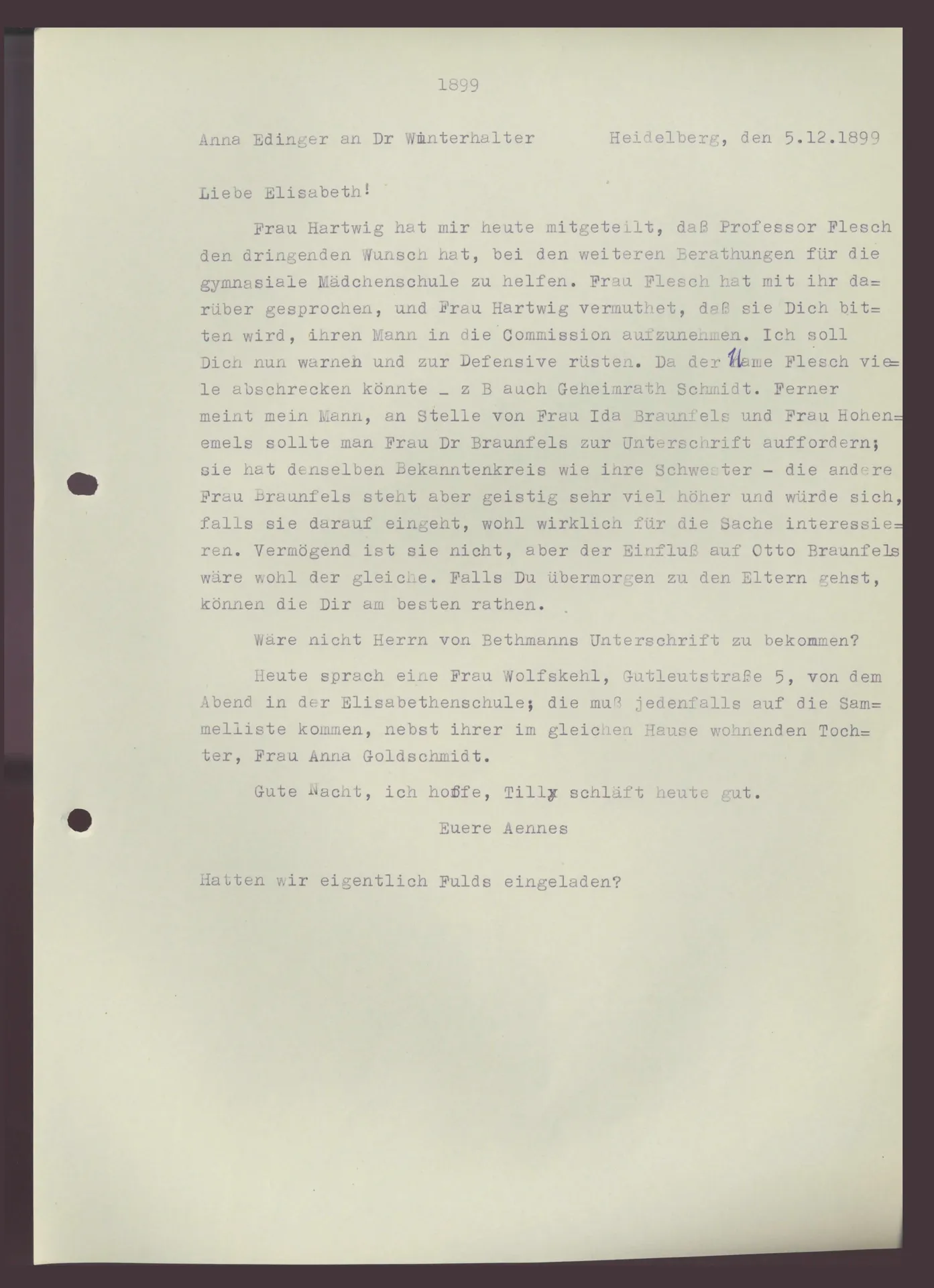 Brief (Transkript) von Anna Edinger an Elisabeth H. Winterhalter, 5. Dezember 1899