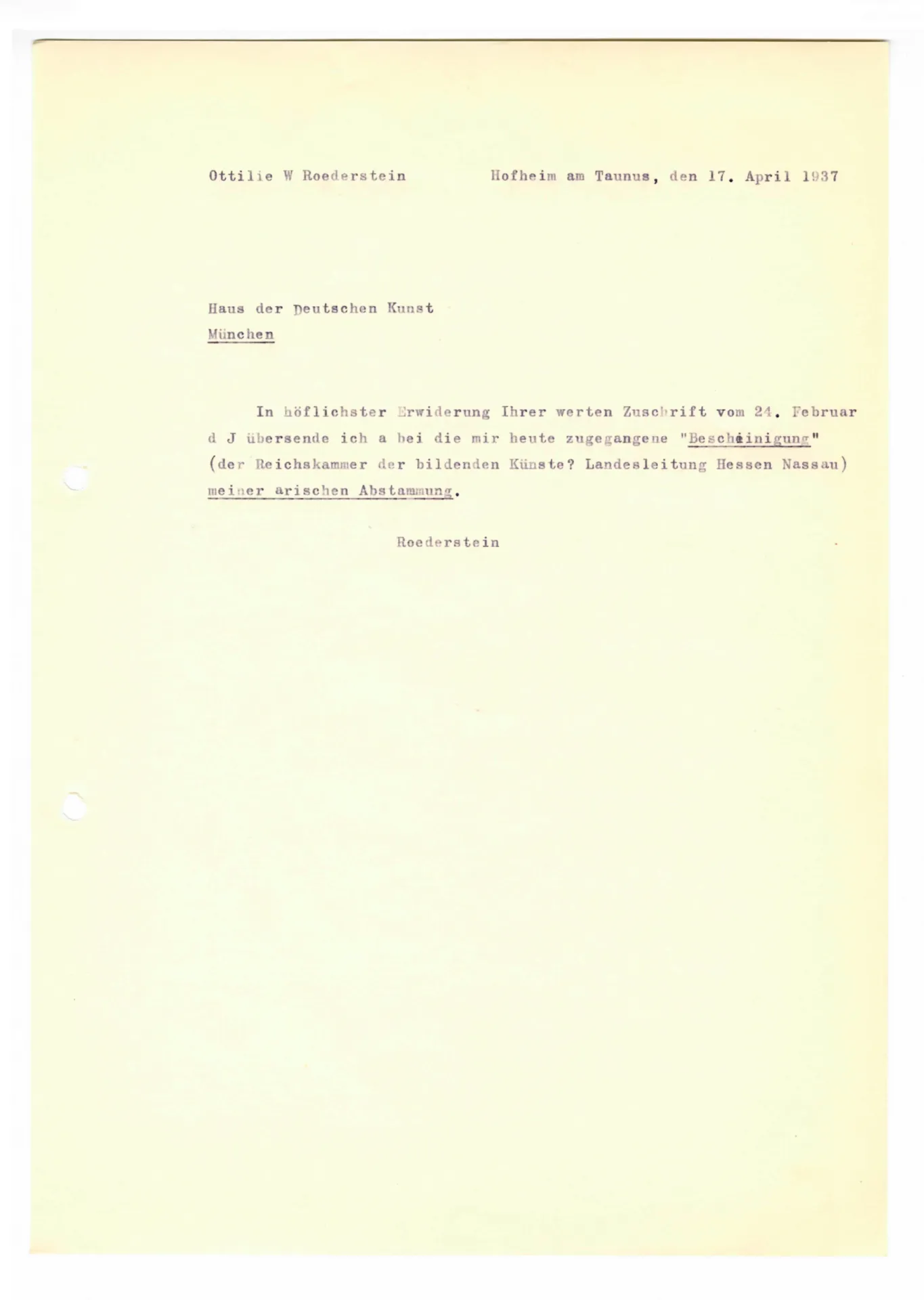 Brief (Transkript) von Ottilie W. Roederstein an das Haus der Deutschen Kunst, 17. April 1937