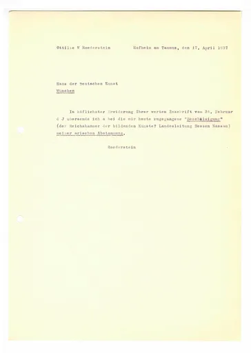 Brief (Transkript) von Ottilie W. Roederstein an das Haus der Deutschen Kunst, 17. April 1937